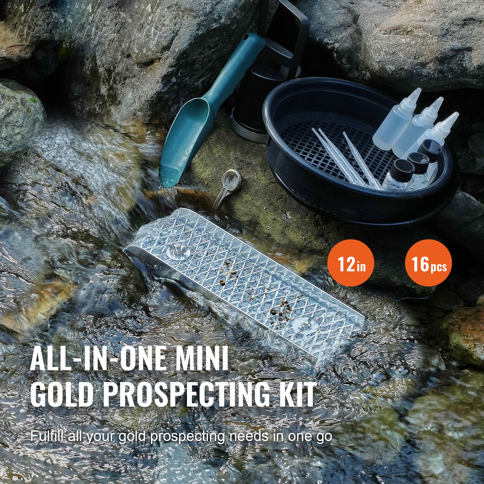 Uimoso Gold Panning Kit With Sluice Box12″ Aluminum Gold Mining Equipment 16 PCS